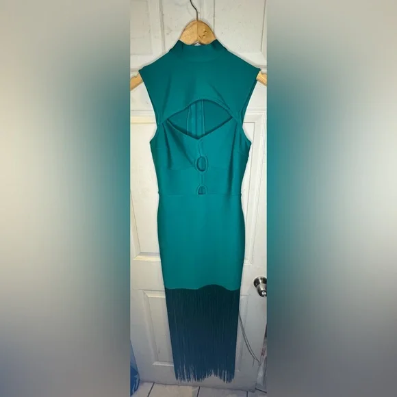NWOT StyleByGG Emerald Green Bandage Fringe Maxi Dress -Sculpting Bodycon Size L - Picture 5 of 14